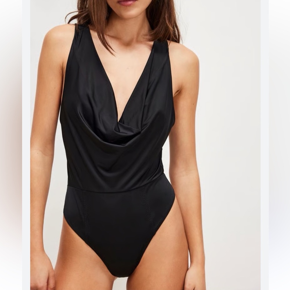 Free People Intimately Black Draped Cowl Back Bodysuit Size Large Party Top